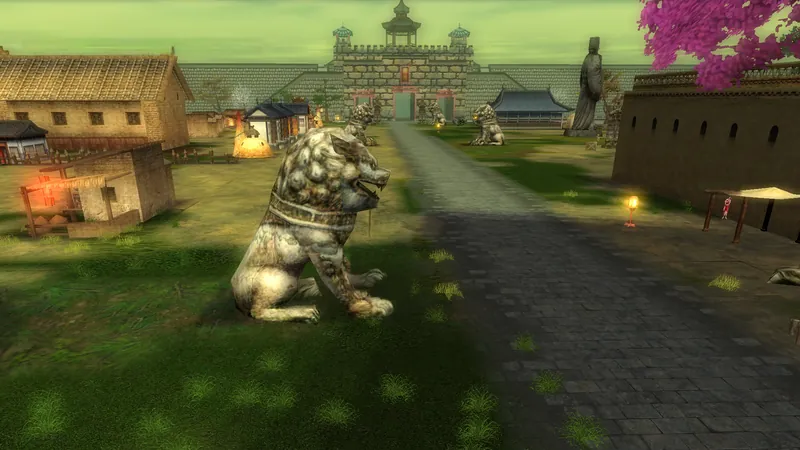 Stone lion statue beside a paved road leading to the gate of Nanzhang