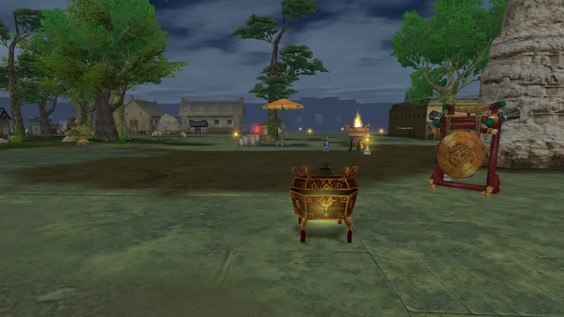 Central square of Nanzhang at dusk with a golden chest, a gong and a fire bowl