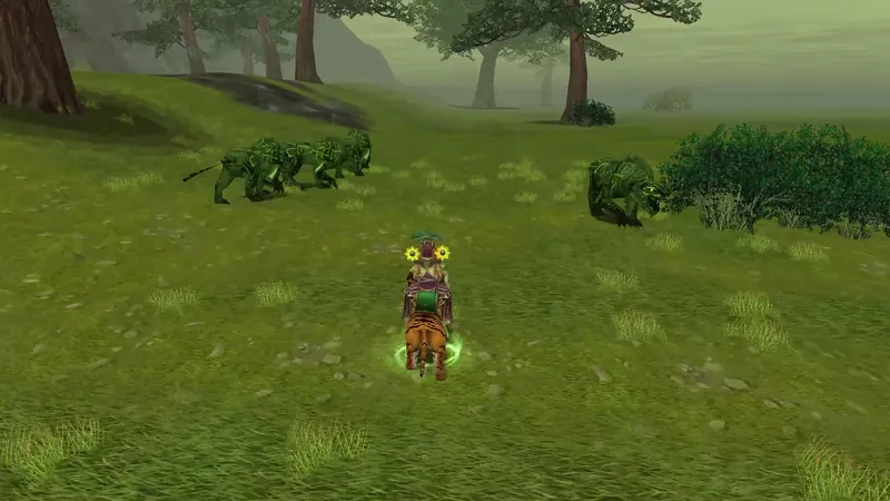 Green Mystic Poison Tigers in the Forest of Whispers and a player riding a tiger