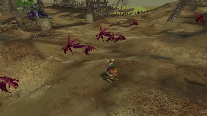 Red and purple giant wasps over the dry ground of Hollow Hive Ridge and a player riding a tiger