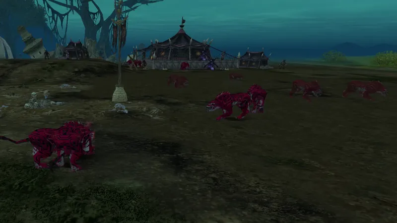 Red Mystic Blood Tigers in a dark hollow with a large tent camp