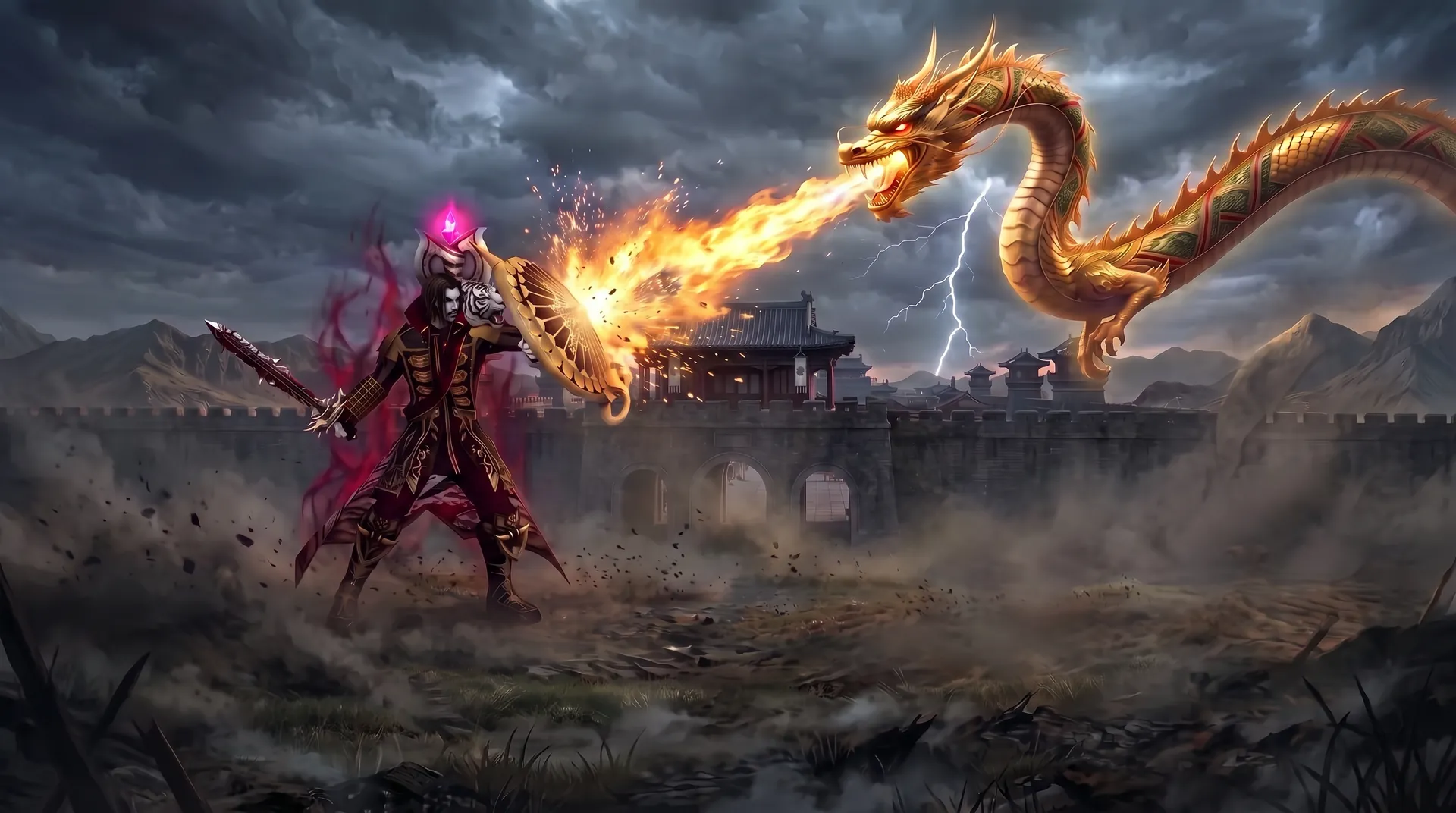 Hu Lan, the Tiger Lord, attacks Huang Long, the golden dragon who defends the walls of Nanzhang